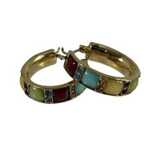 Vintage Liz Claiborne Hoop Earrings Multi Colored Enamel Rhinestones Gold Tone